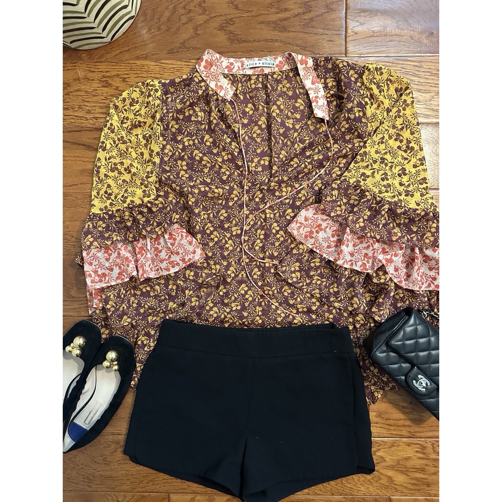 Alice + Olivia Womens Floral Mixed Print Tiered Ruffle Sleeve Tie Neck Top L